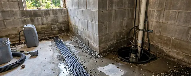 Basement with an interior drain channel along the wall and a sump pit