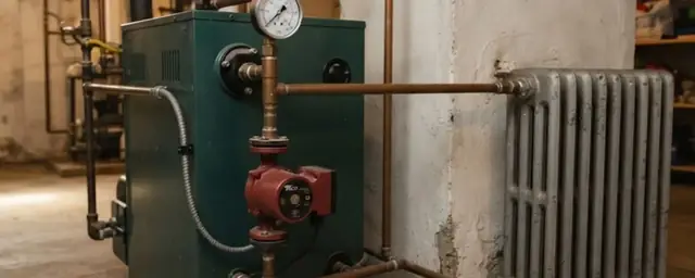Green cast iron boiler with a circulator pump and a radiator