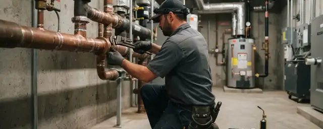 Plumber working on large copper pipes in a commercial mechanical room