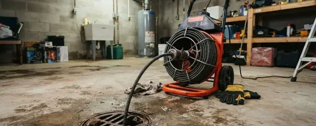 Drum drain machine with its cable fed into a basement floor drain