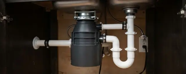 Garbage disposal and white drain trap mounted under a kitchen sink