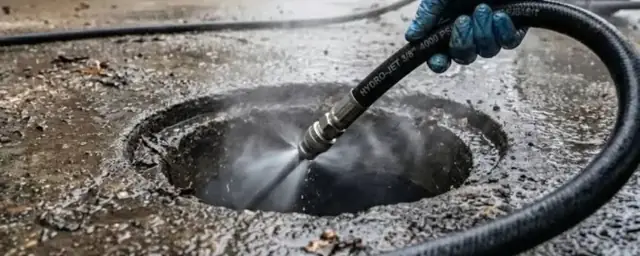 Hydro jetting hose spraying water inside an open drain pit