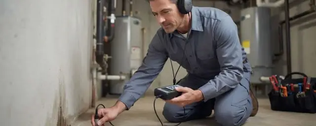 Technician wearing headphones listening for a leak with an acoustic detector on a basement floor