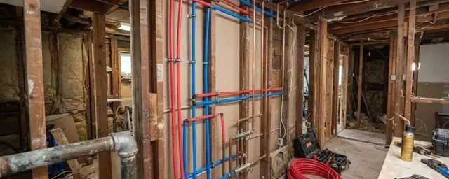 Opened wall framing with new red and blue PEX lines next to old steel pipe