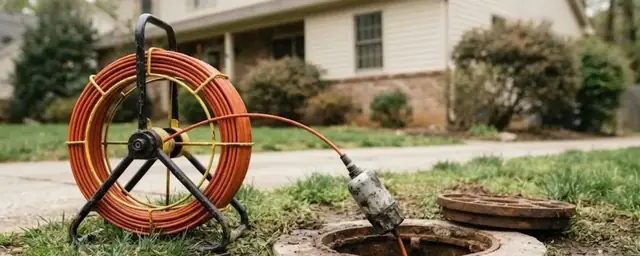 Sewer camera cable reel set up beside a lawn cleanout in front of a house