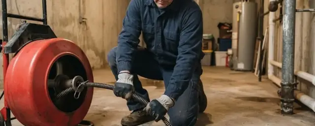 Plumber kneeling beside a red drum machine feeding cable into a basement drain
