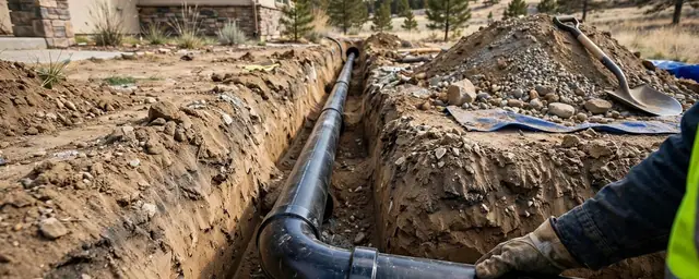 Open trench in a yard with a new sewer pipe section laid in the ground