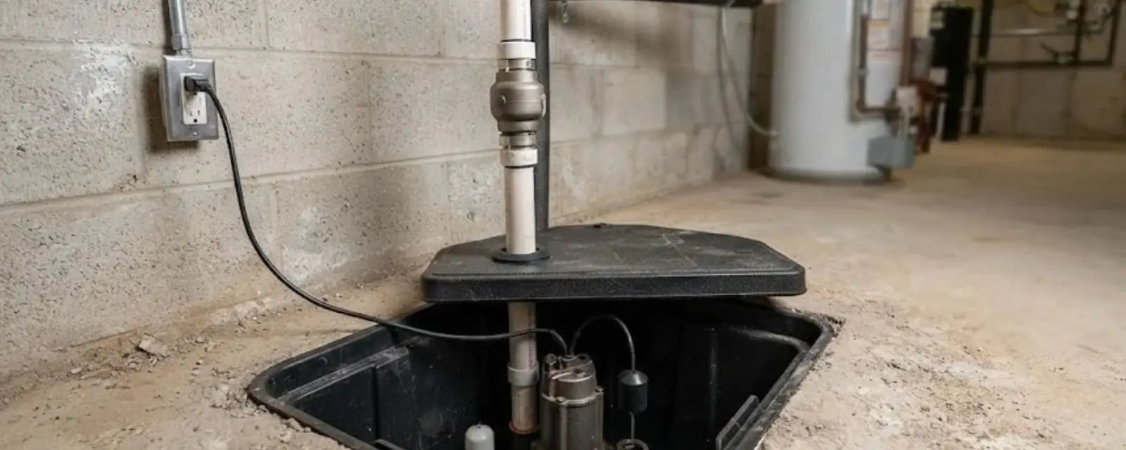 Sump pump basin with discharge pipe and check valve on a basement floor