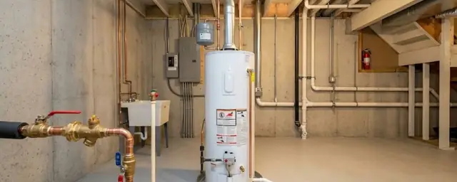 Newly set tank water heater in a basement with copper supply lines and a shutoff valve