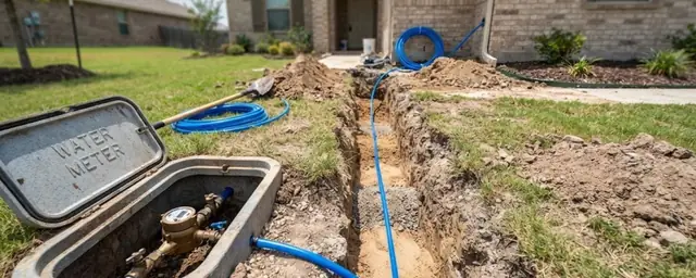 Water meter box beside a trench with blue water service pipe in a front lawn